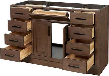 ARIEL Hepburn 54-inch Bathroom Vanity Base Cabinet,Solid Wood, 2 Soft Closing Doors, 9 Dovetail Drawers, Brown Oak