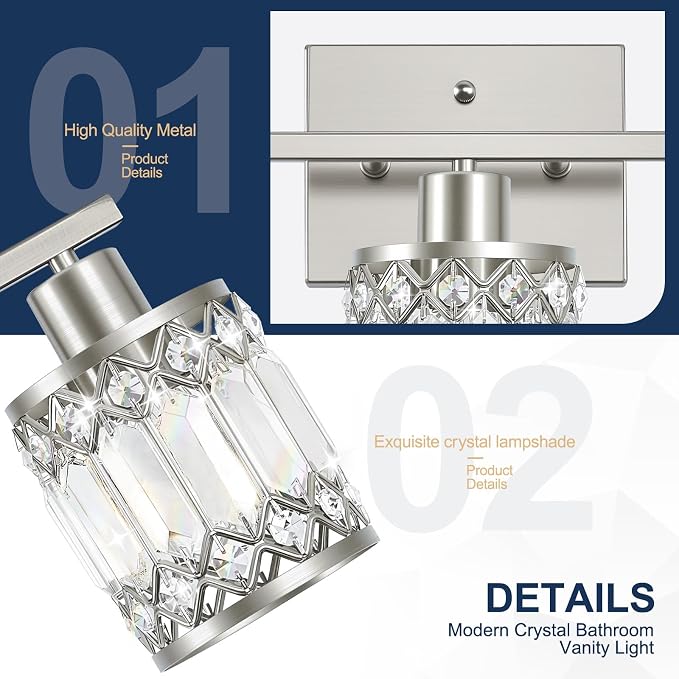 Crystal Modern Bathroom Light Fixtures, 5-Light Brushed Nickel Bathroom Vanity Wall Light, Vanity Lights for Mirror, Restroom, Bedroom (E26 Socket, Bulbs Not Included)