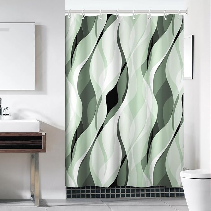 Green Shower Curtain, Modern Abstract Ombre Green Striped Shower Curtain Set for Bathroom Waterproof Polyester Shower Curtain with Hooks, 54x72 Inch