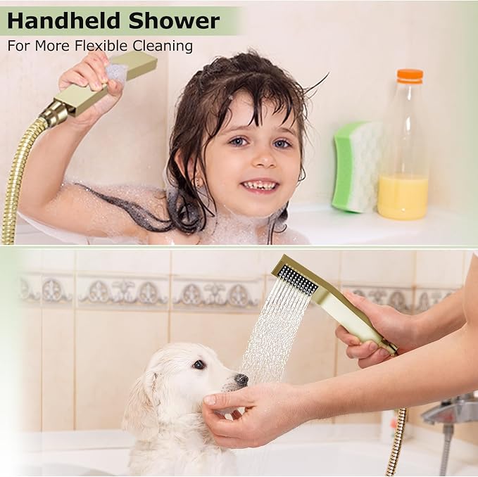 Shower System Shower Faucet Set, STARBATH 12"+6" Ceiling Mount Rain Shower Head and Handheld Spray for Two Person, Rainfall Shower System with Diverter Valve and Trim Kit Complete,Brushed Gold