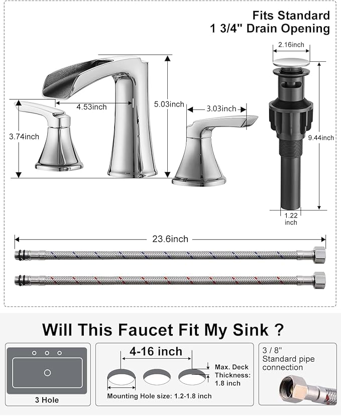 Fapully Chrome Bathroom Faucet 3 Hole, Waterfall 8 Inch Widespread Bathroom Sink Faucet with Pop-up Drain, Two-Handle Faucets for Bathroom Sink