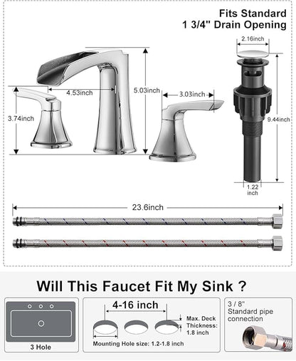 Fapully Chrome Bathroom Faucet 3 Hole, Waterfall 8 Inch Widespread Bathroom Sink Faucet with Pop-up Drain, Two-Handle Faucets for Bathroom Sink