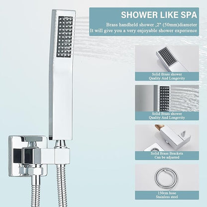 Ceiling Mount Shower Faucet Set 12 Inch LED Rainfall Shower Head Bathroom Rainfall Shower System with Handheld Spray Rough-in Valve Body and Trim Included, Chrome Finished