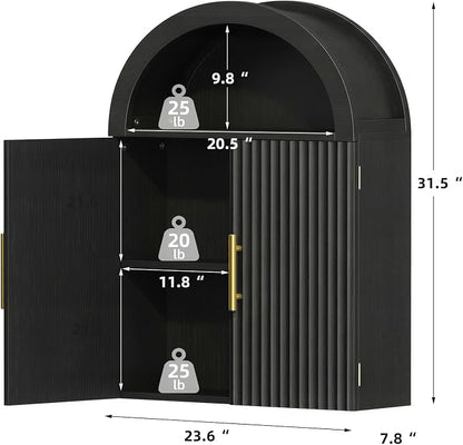 Kalrin Arched Wall Cabinet, Large Wood Bathroom Cabinet Wall Mounted Cupboard, Modern Floating Storage Cabinet with Door Adjustable Shelf, Wood Organizer Black