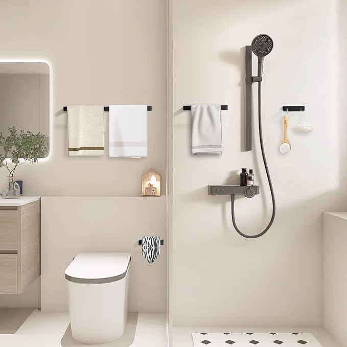 YACVCL 4-Piece Matte Black Bathroom Hardware Accessories Set, Bath Towel Bar Set SUS304 Stainless Steel, Round Towel Racks for Bathroom Wall Mounted