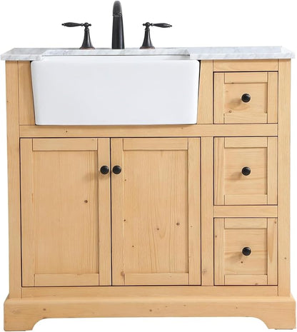 36" Pre-Assembled Bathroom Vanity with Sink, Solid Birch and MDF, Carrara White Marble Countertop Attached, Single Rectangle Porcelain Sink, 3 Soft-Close Drawers, Natural Wood