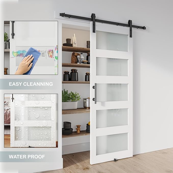 32'' x 96'' Glass Barn Door and 6 Ft Hardware Kit Included, MDF White Barn Door Slab with Frosted Glass, PVC Surface, Combined with Handle and Floor Guide-Assembly Required, White