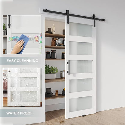 32'' x 96'' Glass Barn Door and 6 Ft Hardware Kit Included, MDF White Barn Door Slab with Frosted Glass, PVC Surface, Combined with Handle and Floor Guide-Assembly Required, White