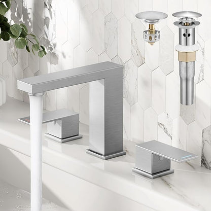 KES Brushed Nickel Bathroom Faucet 3 Hole, 8-Inch Widespread Bathroom Sink Faucet with Metal Bathroom Sink Drain with Overflow, Vanity Faucet with cUPC Supply Line, L4350LFF12-BS-C1
