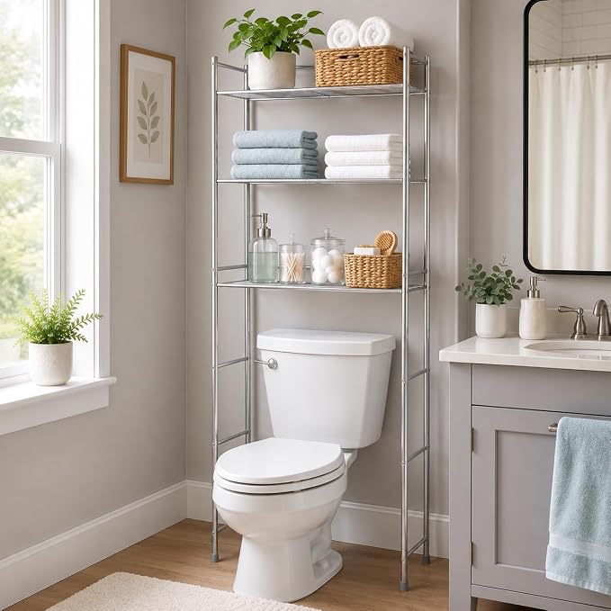 Honey-Can-Do 4-Tier Steel Over-the-Toilet Storage Shelf, Chrome | 4-tier steel shelf frees floor space over the toilet. 10.5in shelf gap for towels & toiletries. Chrome, 68in tall.