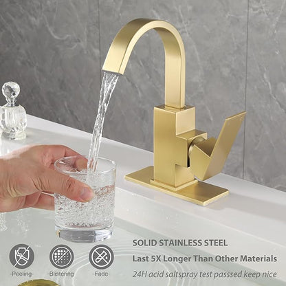 Brushed Gold Bathroom Faucet Waterfall Faucet for Bathroom Vanity with 360 Degree Swivel Spout, Single Hole Bar Sink Faucet with Hose and 6 "Deck Plate,SL5004BG