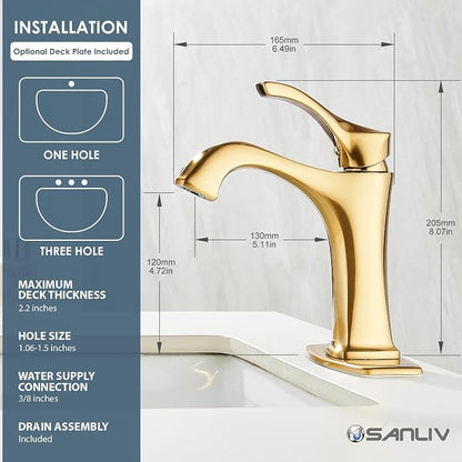 Brushed Gold Single Handle Bathroom Faucet, Deck Mount, 1 or 3 Hole Centerset, Solid Brass Body, Ceramic Disc Cartridge, Easy Installation, 6-Inch Deck Plate