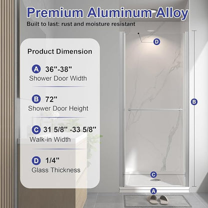 36"-38" W x 72" H Frameless Pivot Shower Door Matte Black | 1/4"(6mm) SGCC Tempered Glass with Explosion-Proof Film &Nano Coating,Customizable Width