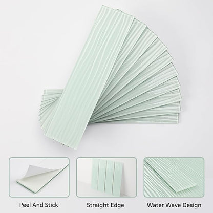Peel and Stick Glass Subway Tile 3x12 Inch Light Green Glass Tiles for Kitchen Backsplash Shower Bathroom Wall(20 Pcs)