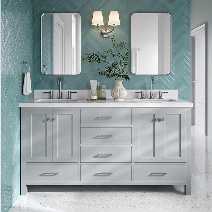Beckford 66" Grey Double Bathroom Vanity, 1.5" Edge Pure White Quartz Countertop, Rectangular Undermount Sinks, 4 Soft Closing Doors, 6 Dovetail Drawers