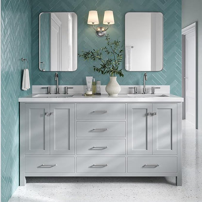 Beckford 66" Grey Double Bathroom Vanity, 1.5" Edge Pure White Quartz Countertop, Rectangular Undermount Sinks, 4 Soft Closing Doors, 6 Dovetail Drawers