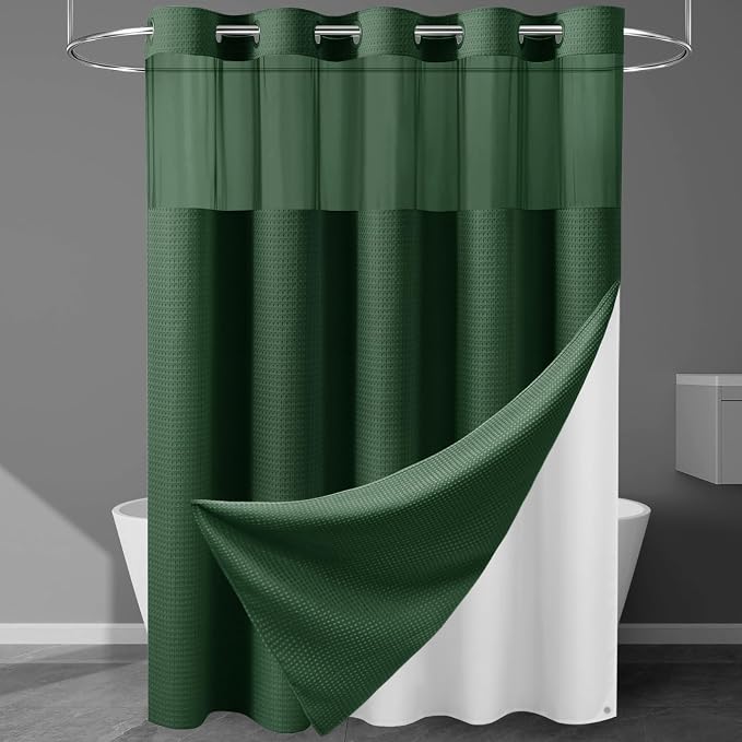 EUTXL 256GSM Heavyweight Shower Curtain and Liner Set - Waffle Weave Textured Heavy Duty,Hotel Luxury Weighted Bath Curtain,71W x 74H,Dark Green