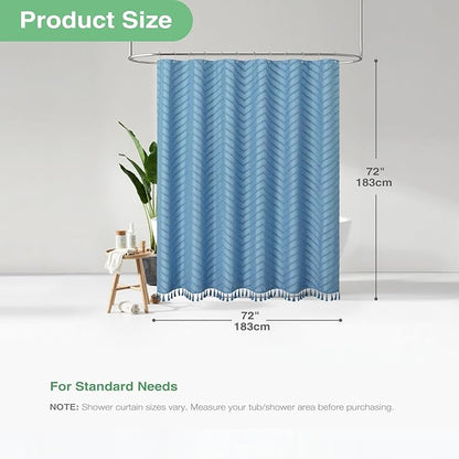 Dynamene Boho Farmhouse Shower Curtain, Moonlight Blue Fabric Tufted Chevron Striped Textured Tassel Shower Curtains for Bathroom, Shabby Chic Waterproof Cloth Shower Curtain Set with Hooks, 72x72