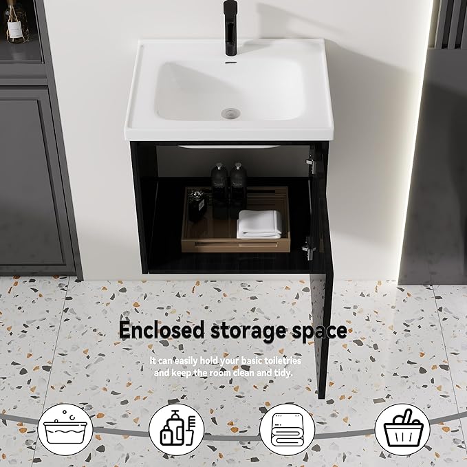 20'' Bathroom Vanity with Ceramic Sink Combo, Wall Mounted Small Bathroom Vanity with Soft-Close Door Modern Floating Cabinet, Pop-up Drain, P-Trap Included, Black(No Faucet)