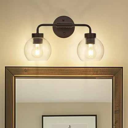 zeyu 2-Light Bathroom Vanity Lights Over Mirror, Farmhouse Globe Bathroom Light Fixtures with Clear Glass Shade, Oil Rubbed Bronze Finish, ZS62BG-2W ORB