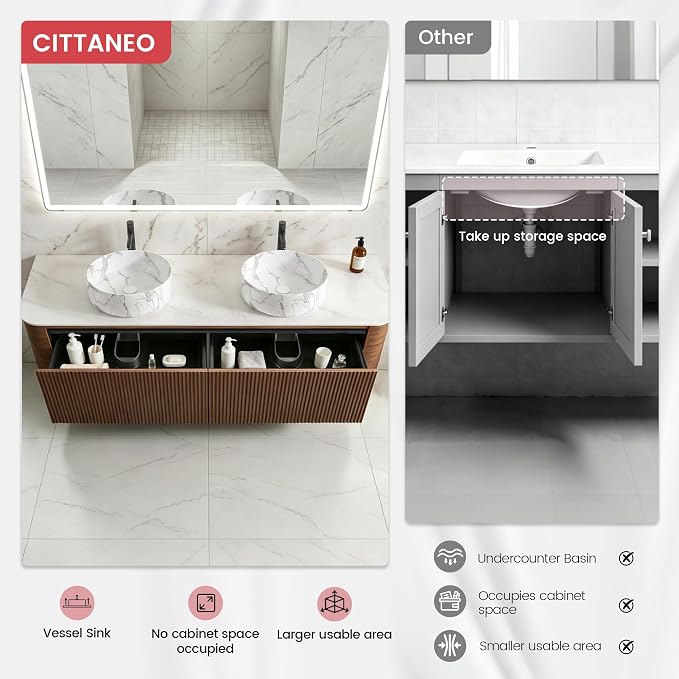 72" Floating Bathroom Vanity with Carrara Finish Sink, Walnut | Pre-Assembled Fluted Wall Mounted Double Sink Vanity with Sintered Stone Countertop, Soft-Close Drawers & Towel Rack