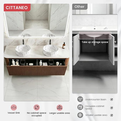 72" Floating Bathroom Vanity with Carrara Finish Sink, Walnut | Pre-Assembled Fluted Wall Mounted Double Sink Vanity with Sintered Stone Countertop, Soft-Close Drawers & Towel Rack
