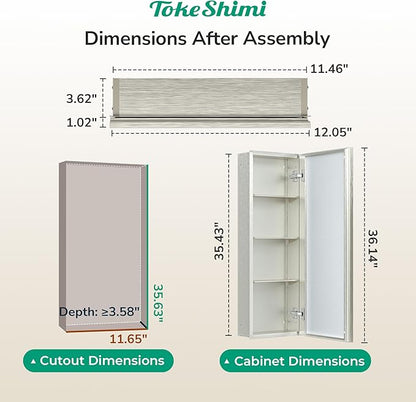 TokeShimi 12 x 36 Brushed Nickel Recessed Medicine Cabinet with Mirror, Assembly Required, Bathroom Medicine Cabinet with Mirror, Stepless Adjustable Shelves, Beveled Aluminum Frame, DTC Hinge