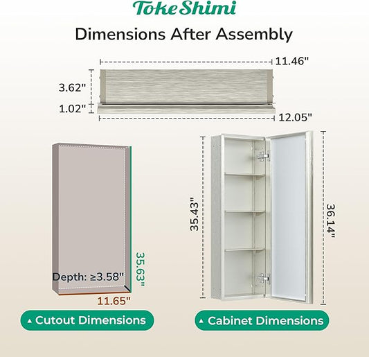 TokeShimi 12 x 36 Brushed Nickel Recessed Medicine Cabinet with Mirror, Assembly Required, Bathroom Medicine Cabinet with Mirror, Stepless Adjustable Shelves, Beveled Aluminum Frame, DTC Hinge