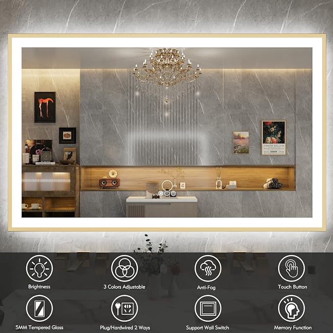 48x36 Inch LED Mirror for Bathroom with Gold Frame | Gold Metal Frame, Front and Backlit, 3 Colors, Dimmable, Memory, Anti Fog, Tempered Glass, Lighted Mirror for Wall