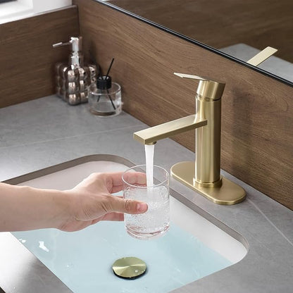 Bathroom Faucet Single Hole Single Handle Vanity Modern Sink RV Faucet with Pop-up Drain for 1 - or 3 Hole Bathroom Sink (Brushed Gold)