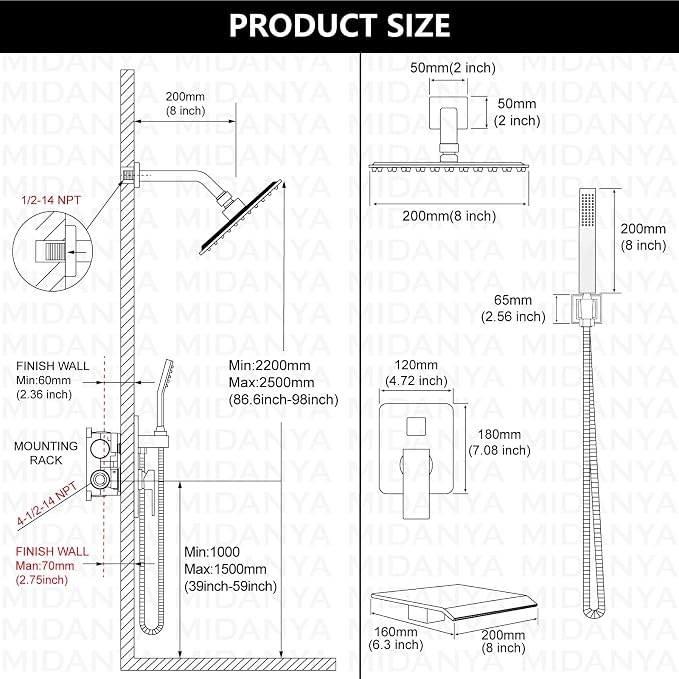 Midanya Shower System with Tub Spout,8 Inch Shower Head,Polish Chrome | with Valve & Trim Kit,Square Rain Head,Handheld Sprayer,Waterfall Spout,All Metal Wall Mount Bathroom Shower Tub Faucet Set
