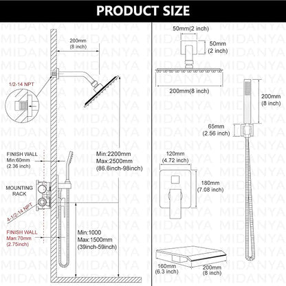 Midanya Shower System with Tub Spout,8 Inch Shower Head,Brushed Nickel | with Valve & Trim Kit,Square Rain Head,Handheld Sprayer,Waterfall Spout,All Metal Wall Mount Bathroom Shower Tub Faucet Set