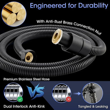 Shower Head with Handheld, High Pressure 10 Spray Modes, Matte Black | Built-in Pause Function, Power Wash Mode, Anti-Clog Nozzles, 71 Inch Stainless Steel Hose, Adjustable Overhead Bracket