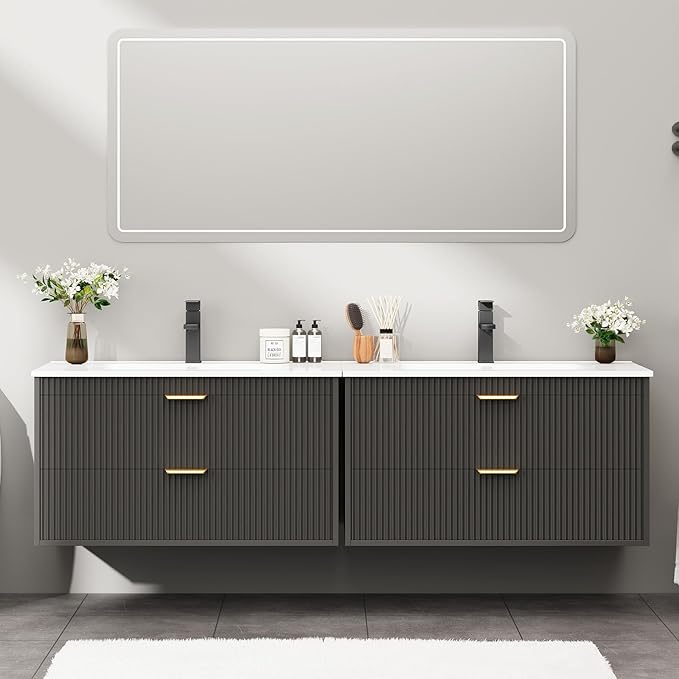 Vabches 30 Inch Bathroom Vanity with Sink, Wood Grain Wall Mounted Vanity with 2 Storage Darwers, Floating Bathroom Vanity with Storage, Bathroom Floating Vanity with Sink, Faucet, Drain, Black
