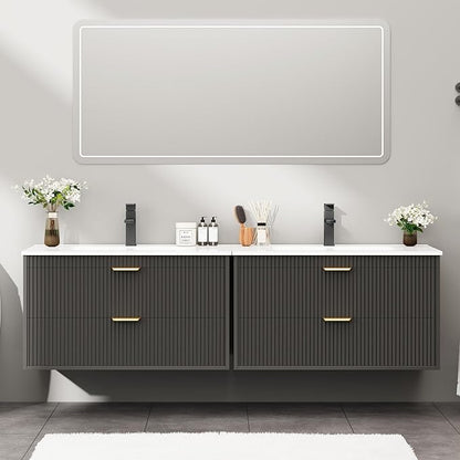 Vabches 30 Inch Bathroom Vanity with Sink, Wood Grain Wall Mounted Vanity with 2 Storage Darwers, Floating Bathroom Vanity with Storage, Bathroom Floating Vanity with Sink, Faucet, Drain, Black