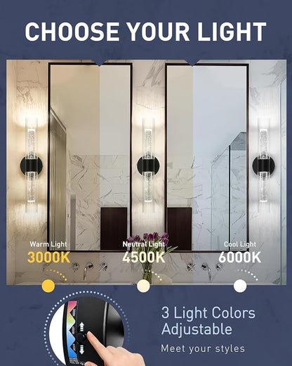 kudos Black LED Vanity Light, Crystal Bubble and Clear Glass, KDVL05-BK-2 | 11W, 1000 Lumens,3000K, 4500K and 6000K Selectable, Hardwired, for Bathroom, Bedroom and Over Mirror