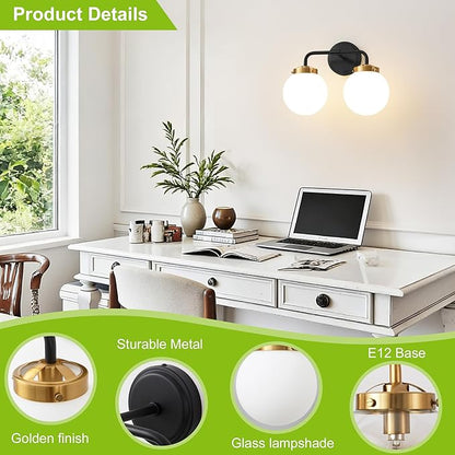 Black Gold Bathroom Light Fixtures Over Mirror, 14.17'' Vanity Lighting with Milk White Glass Globe Shades 2-Light Farmhouse Wall Sconce