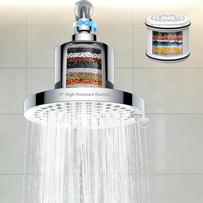Filtered Shower Head for Hard Water: High Pressure Rainfall Showerhead for Low Water Flow - 7 Spray Modes Anti-Clog Nozzles & Tool-Free Install for Bathroom