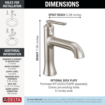 Delta Bonacci Brushed Nickel Bathroom Faucet 1 Hole, Single Hole Bathroom Sink Faucet for Vanity, Metal Push-Pop Drain Assembly, Lumicoat Stainless 545-SS-PR-DST