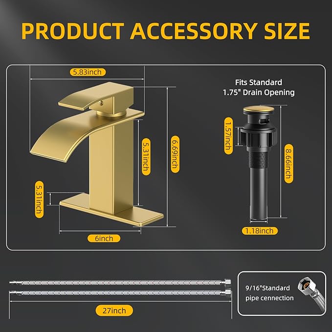 Measurement chart of a gold faucet and black drain assembly with dimensions labeled.