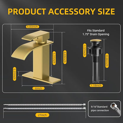 Measurement chart of a gold faucet and black drain assembly with dimensions labeled.