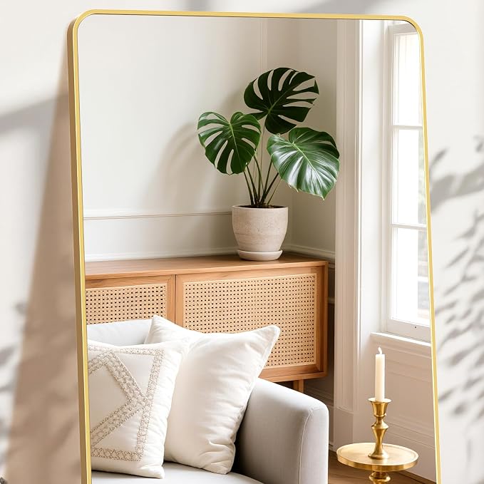 NEWBULIG Bathroom Mirrorfor Bathroom Sink, 26x38 Inch, Vanity Wall Mirror | Rectangle Metal Frame, Rounded Corners, Bedroom Entryway Hang, Horizontal or Vertical, Gold