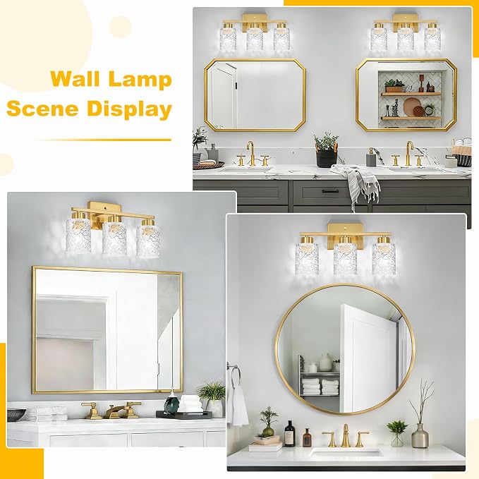 3-Light Bathroom Light Fixtures, Brushed Gold Vanity Lights Over Mirror | Wall Sconces with Clear Textured Glass Shades for Living Room Bedroom Hallway,E26 Base (Bulbs Not Included)