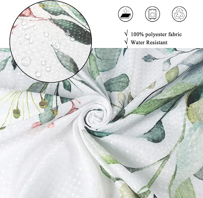 Eucalyptus Leaf Waffle Textured Shower Curtain, Weighted Bottom Watercolor Green Leaves on The Top Plant with Floral Bathroom Curtain Bathtub Home Decor Waterproof Fabric with 12 Metal Hooks
