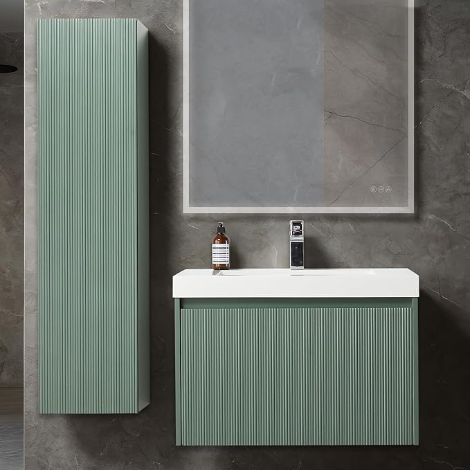 Blossom 30 Inch Bathroom Vanity with Sink and Side Cabinet, All Wood Floating Bathroom Vanity with Acrylic Sink, Bathroom Sink Cabinet with Soft-Close Drawer, Modern Style Vanities, Aventurine Green