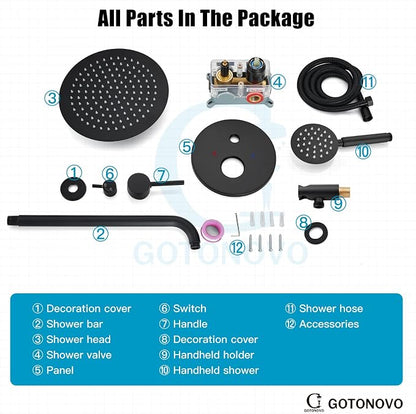 gotonovo High Pressure Shower System Valve and Trim Kit,Matte Black | Round Rain 10 Inch Shower Head with Handheld Faucet Set Complete,Rough In Valve,2-in-1 Diverter,All Metal,Bathroom Wall Mount