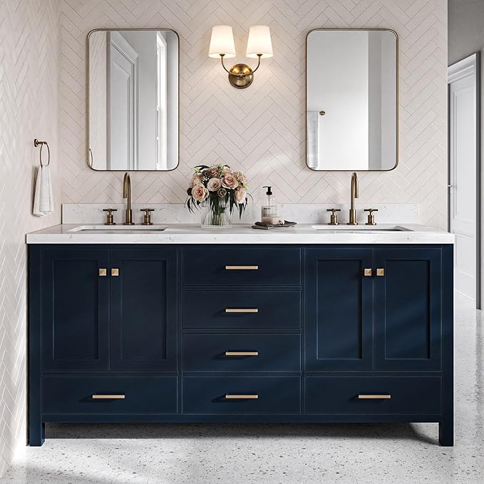 DKB Beckford 72 Inch Bathroom Vanity Double Sink — Midnight Blue Bathroom Vanity with Sink, 1.5" Edge Carrara White Quartz Countertop & Backsplash, 4 Soft-Close Doors, 6 Dovetail Drawers