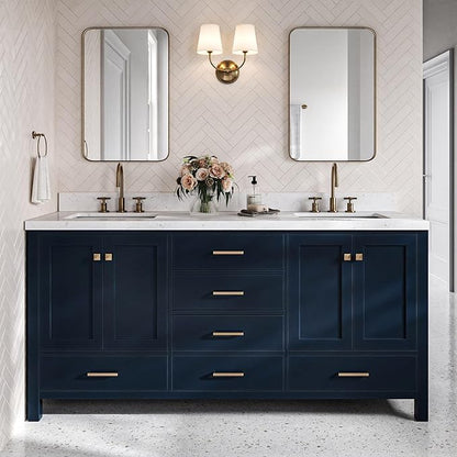 DKB Beckford 72 Inch Bathroom Vanity Double Sink — Midnight Blue Bathroom Vanity with Sink, 1.5" Edge Carrara White Quartz Countertop & Backsplash, 4 Soft-Close Doors, 6 Dovetail Drawers