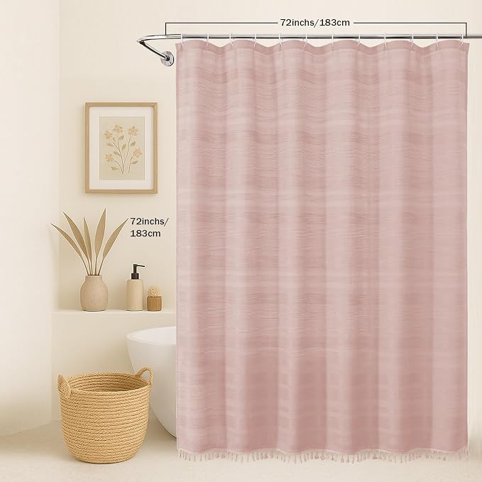 Pink Shower Curtain for Bathroom, Boho Linen Textured Shower Curtain with Tassel, Rustic Striped Heavy Duty Vintage Country Bathroom Curtain, 72Wx72L Inches