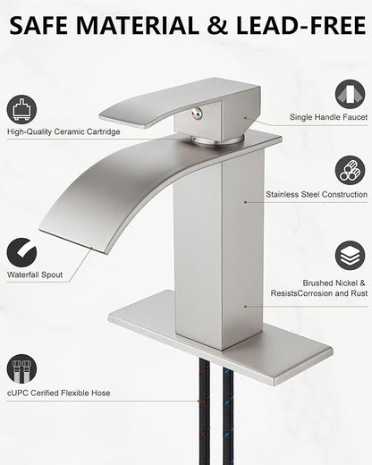 Midanya Waterfall Spout Bathroom Faucet Single Handle 1 Hole Bathroom Sink Faucet,Modern RV Lavatory Vanity Basin Tap with Water Hose,No Drain,Short Body,Brushed Nickel